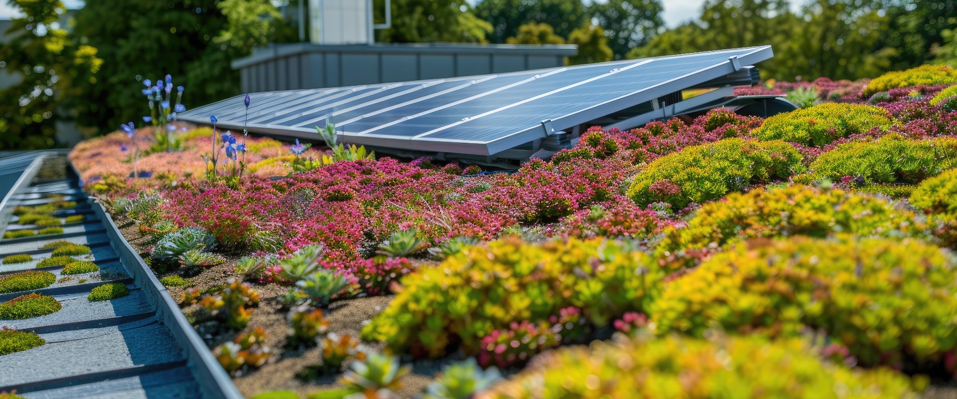 Begrüntes Dach mit blühenden Sedum-Pflanzen und einer Reihe blauer Sonnenkollektoren zur Klimaanpassung Erneuerbare Energieanlage für grünen Strom Dachgarten mit Photovoltaik