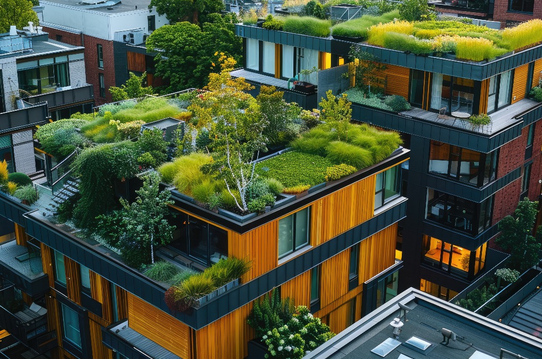 Die begrünten Dächer eines modernen Wohnkomplexes tragen zur Senkung des Energieverbrauchs und zur Verbesserung der Luftqualität bei.