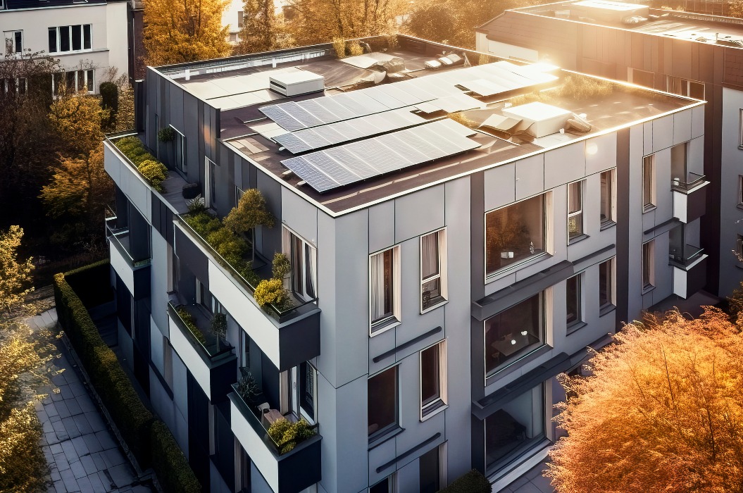 Foto eines Wohnhauses mit einem Flachdach, auf dem eine Solaranlage installiert ist