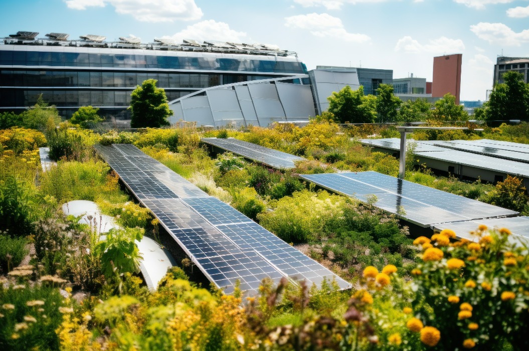 Grüne Dächer mit integrierter Solaranlage. Dachgarten mit integrierten Sonnenkollektoren. Konzept Nachhaltigkeit, grüne Energie, urbanes Gärtnern, erneuerbare Ressourcen.