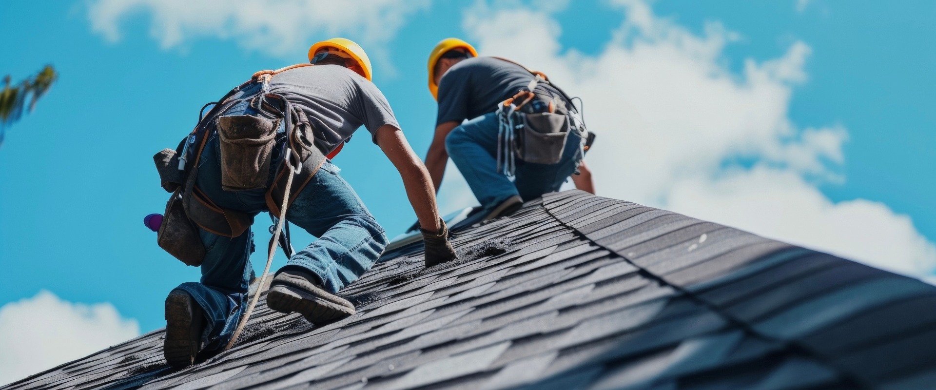 Mit Sicherheitsgurten und professioneller Ausrüstung arbeitet ein Team von Dachdeckern sorgfältig daran, einen beschädigten Teil des Daches zu reparieren, um weitere Lecks oder Wasserschäden zu verhindern.