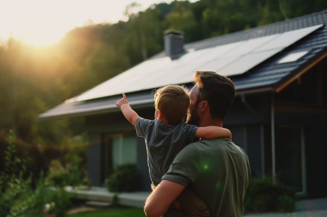Vater trägt seinen Sohn nach draußen und zeigt auf das Solarpanel auf dem Dach